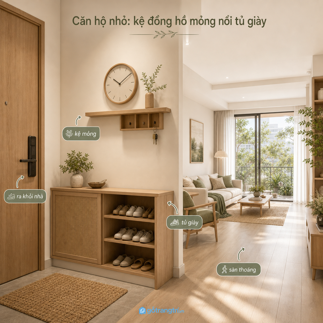 Căn hộ nhỏ hợp kệ đồng hồ mỏng nối với tủ giày