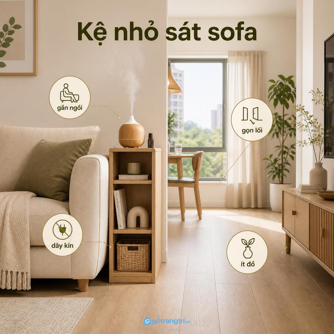 Phòng khách chung cư nên dùng kệ nhỏ sát sofa