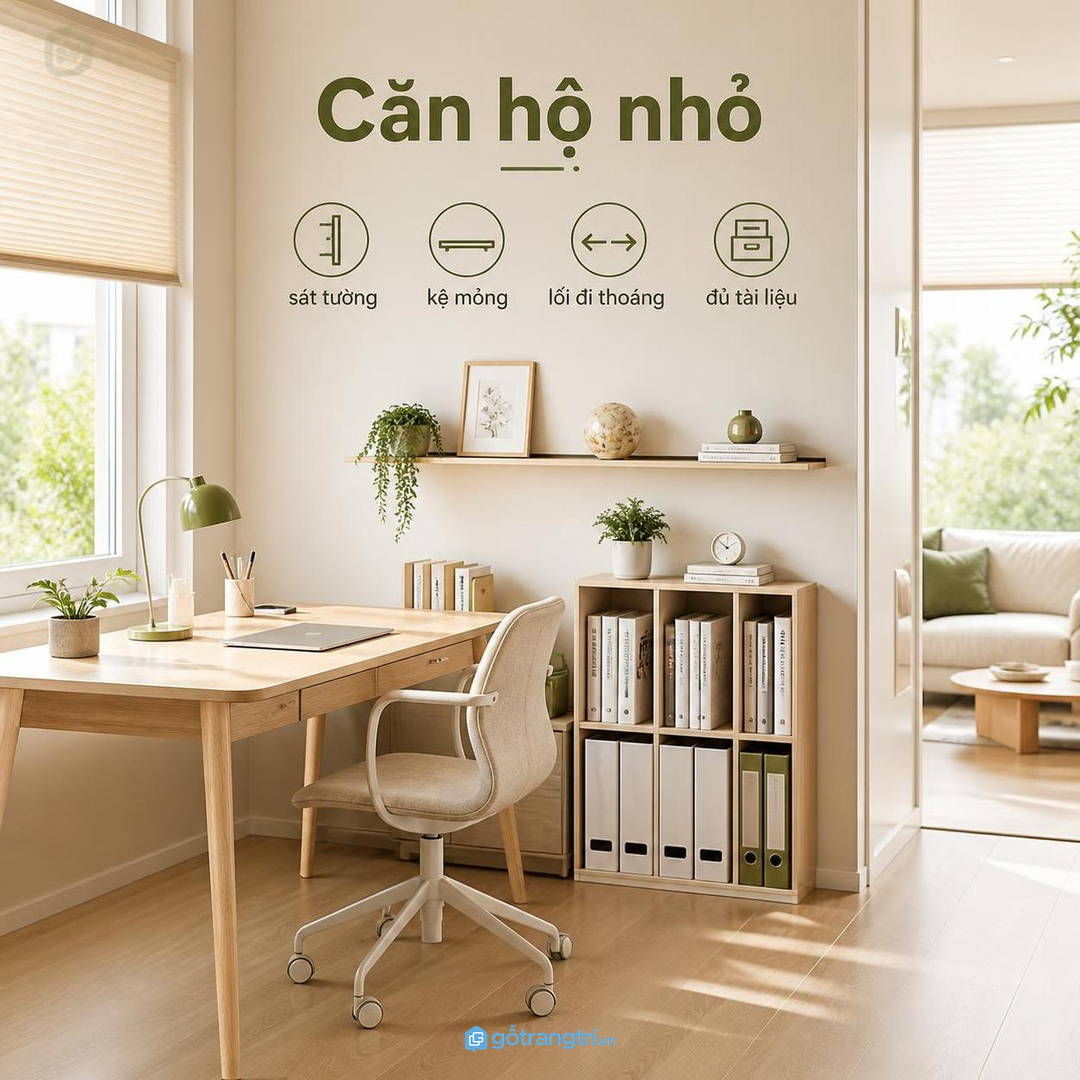 Căn hộ nhỏ hợp kệ mỏng sát tường và vẫn giữ lối đi quanh ghế