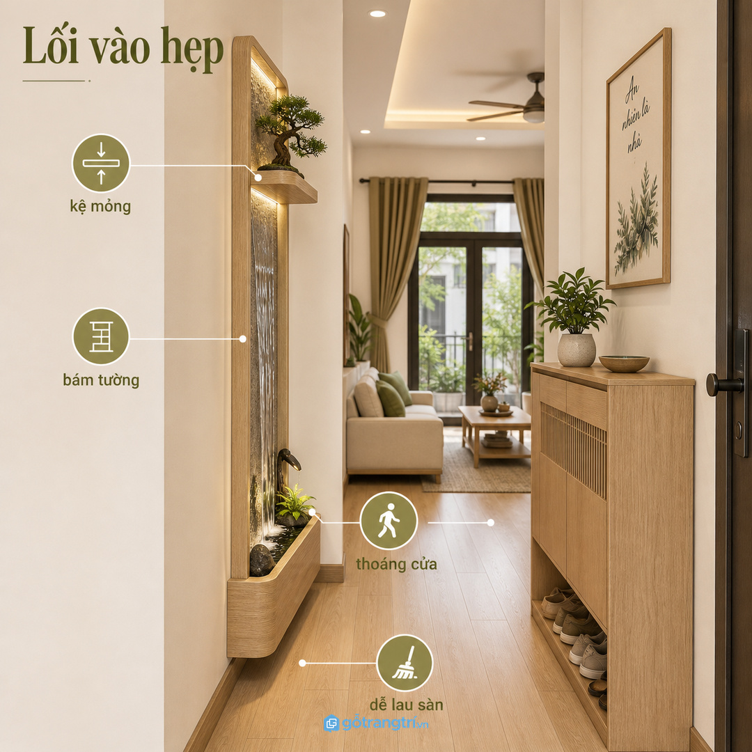 Nhà phố lối vào hẹp nên dùng kệ mỏng bám tường