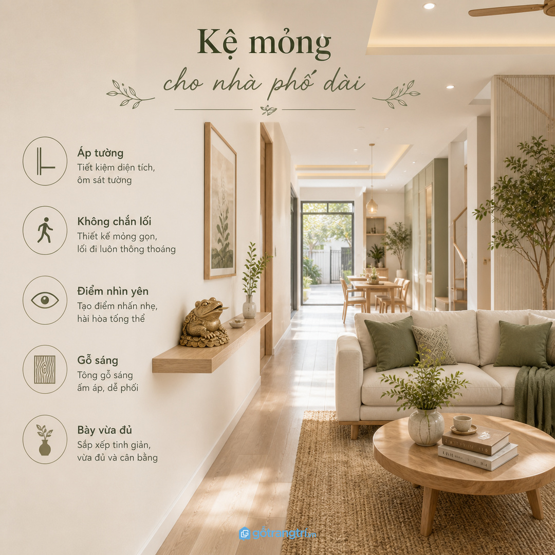 Nhà phố phòng khách dài hợp kệ mỏng áp tường và điểm nhìn yên