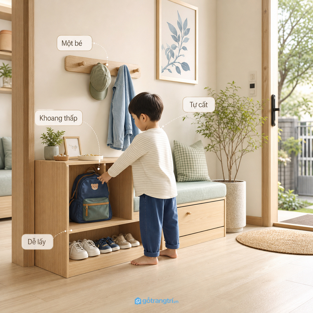 Nhà có một bé cần tủ thấp, dễ tự cất