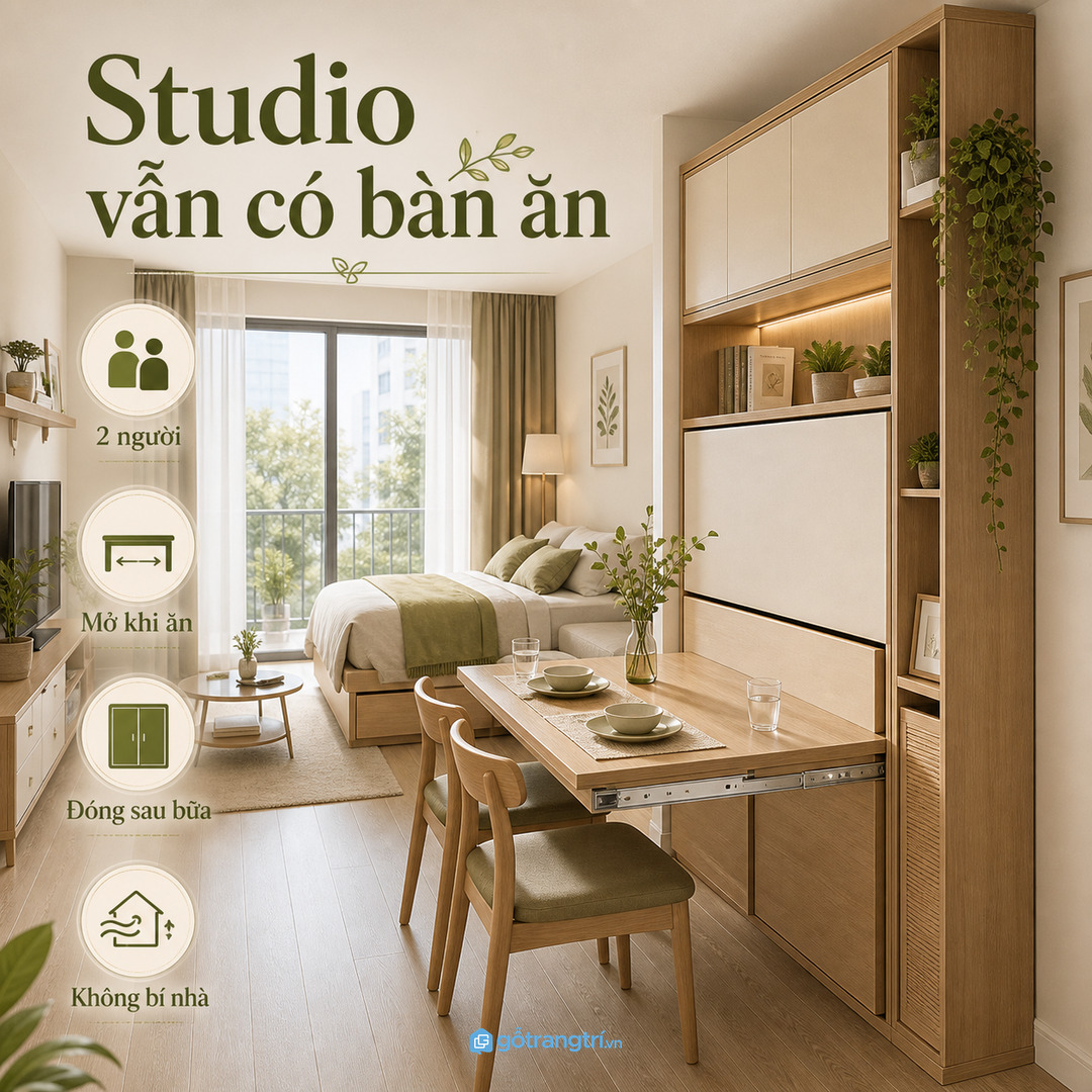 Căn hộ studio vẫn có bàn ăn nếu hệ tủ mở khi cần và đóng gọn sau bữa