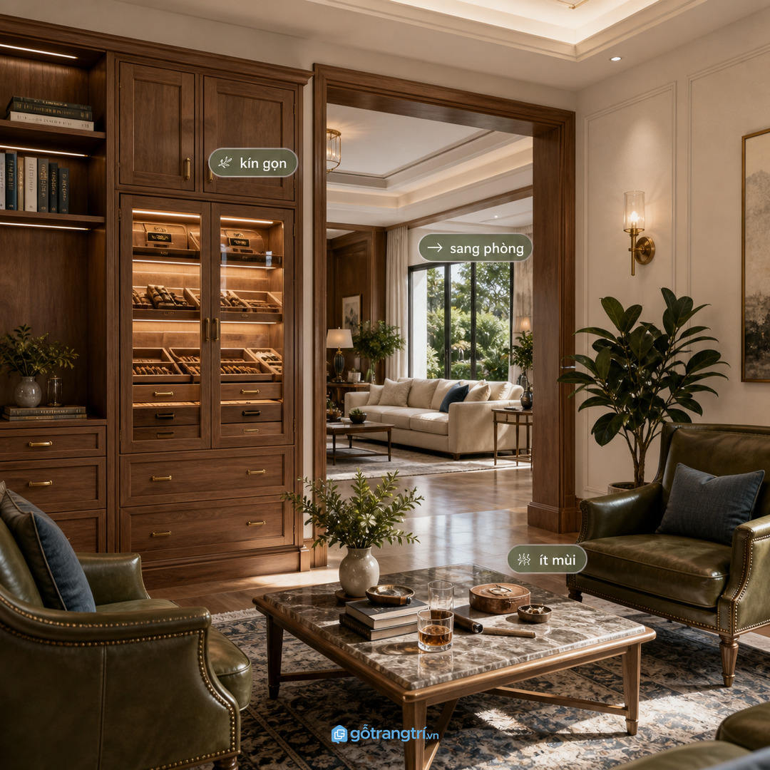 Phòng lounge nối khu tiếp khách cần tủ kín gọn và ít mùi