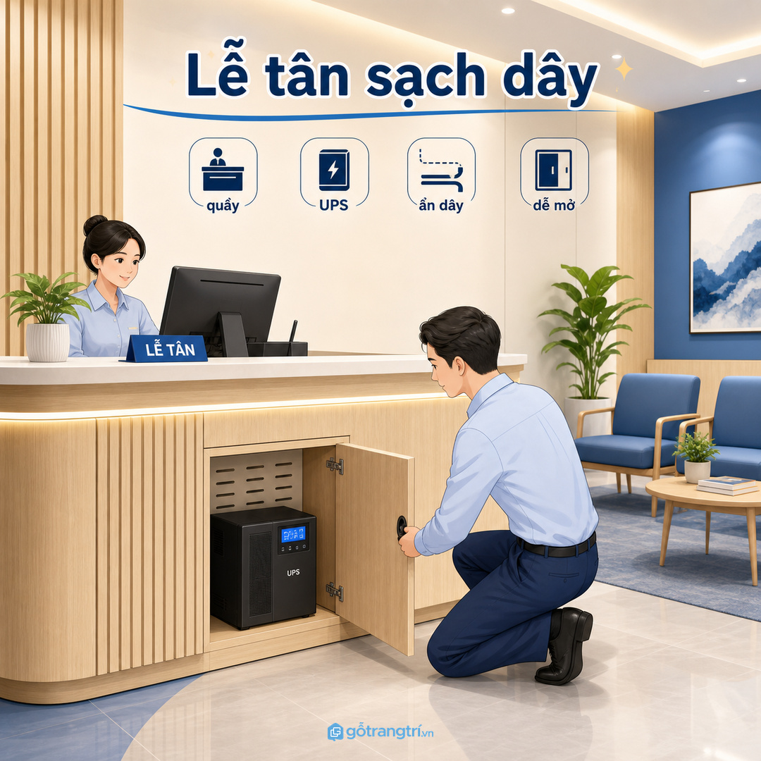 Quầy lễ tân cần giấu UPS và dây nhưng vẫn dễ kiểm tra