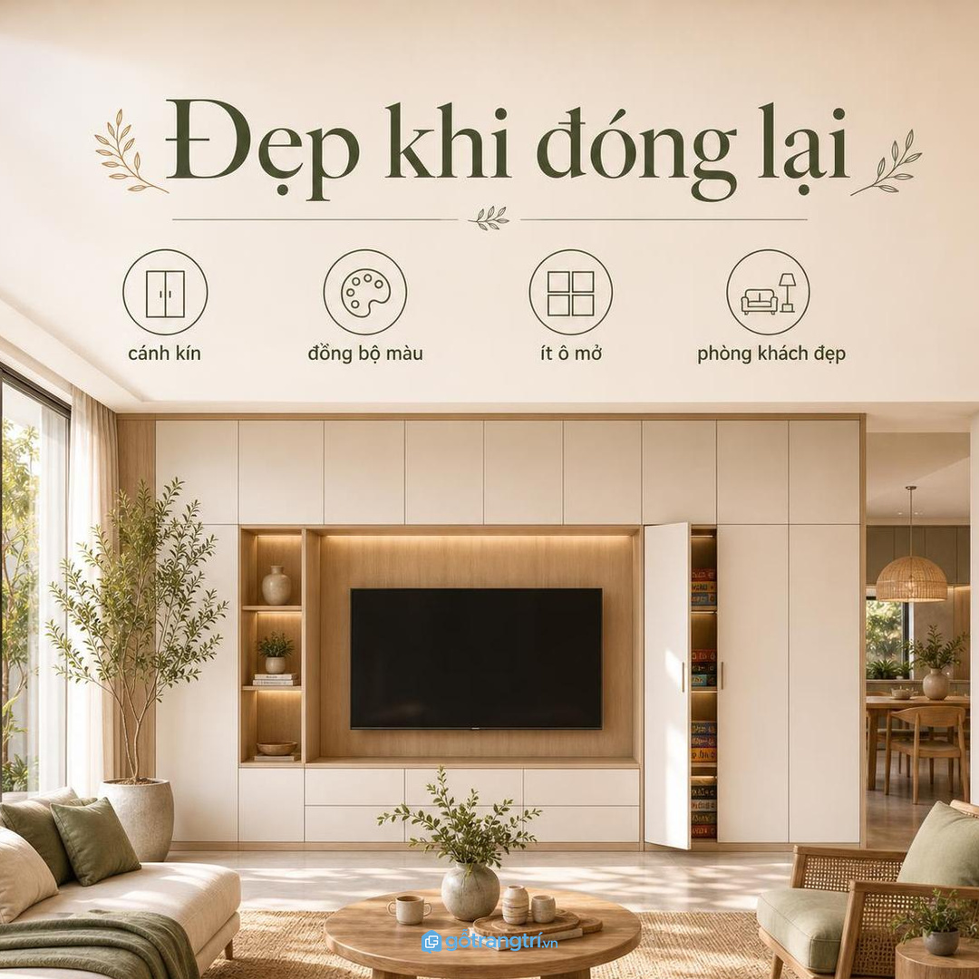 Mặt tủ phẳng, cánh kín và màu đồng bộ giúp phòng khách đẹp khi đóng lại