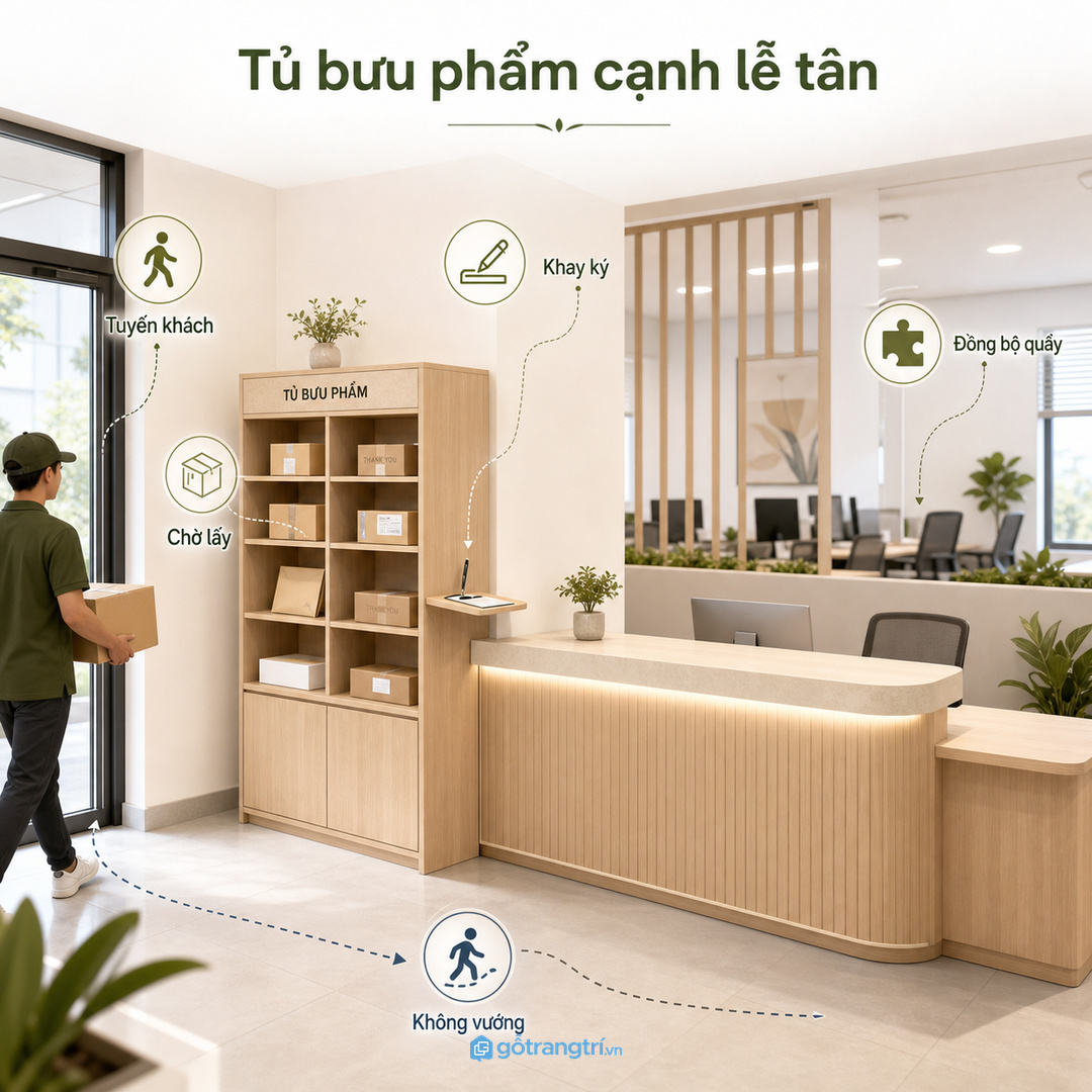 Văn phòng nhỏ có quầy lễ tân nên đặt tủ ở tuyến nhận khách
