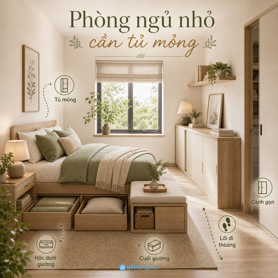 Phòng ngủ nhỏ nên ưu tiên tủ mỏng hộc dưới giường hoặc bench cuối giường