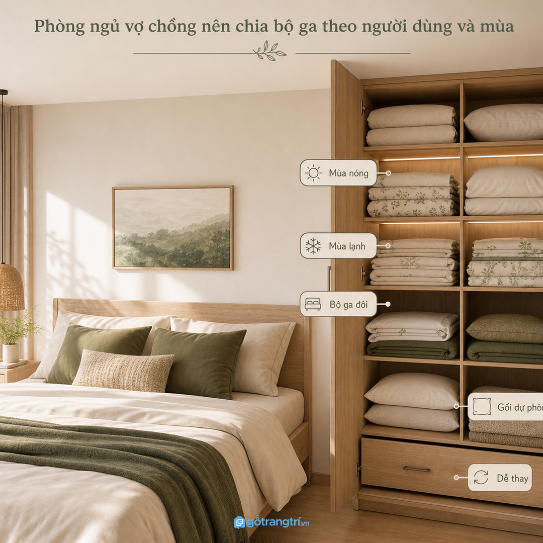 Phòng ngủ vợ chồng nên chia chăn ga theo mùa sử dụng