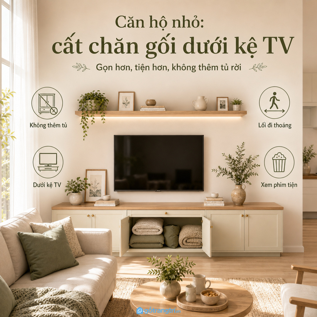 Căn hộ nhỏ hợp tủ chăn gối tích hợp dưới kệ tivi