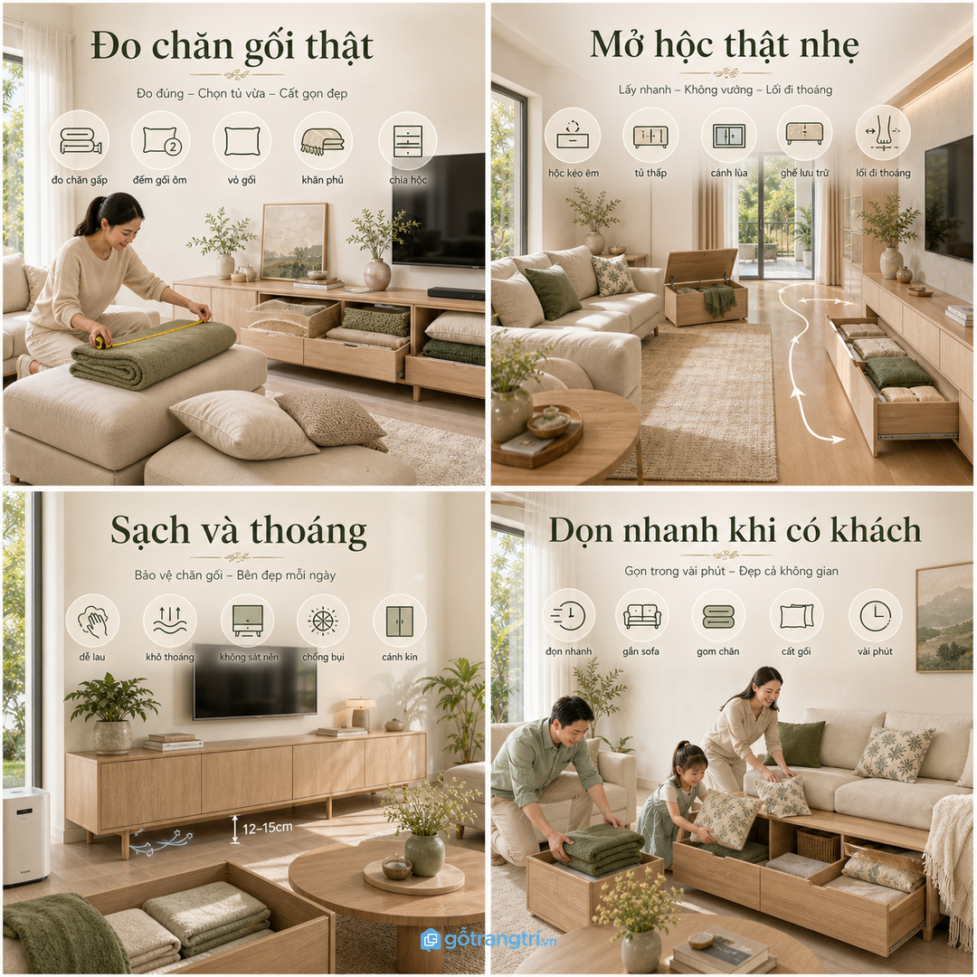 Gia đình hay tiếp khách cần khoang cất nhanh để dọn sofa trong vài phút