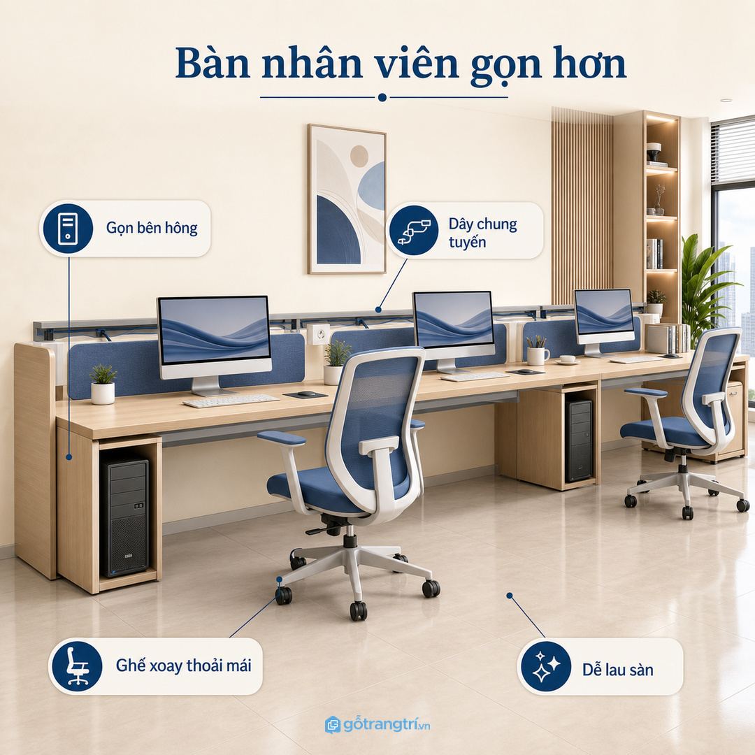 Dãy bàn nhân viên cần tủ CPU gọn để không vướng ghế xoay