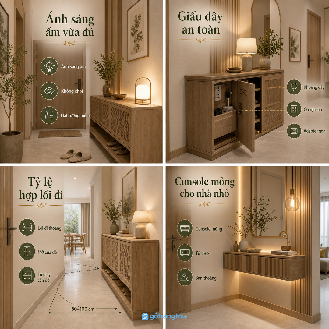 Căn hộ nhỏ hợp tủ đèn treo mỏng cạnh tủ giày