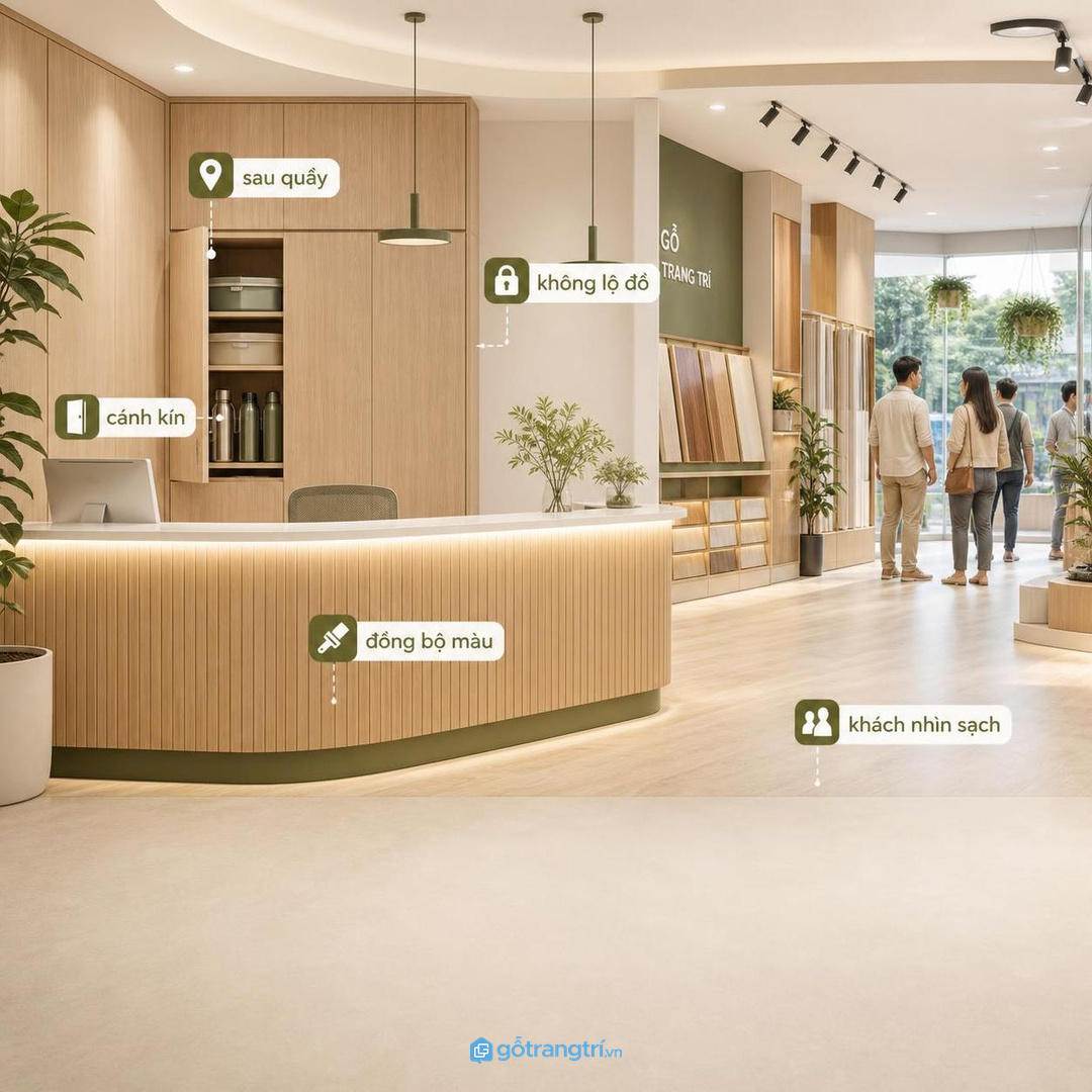 Văn phòng sales cần tủ ăn trưa gọn sau quầy
