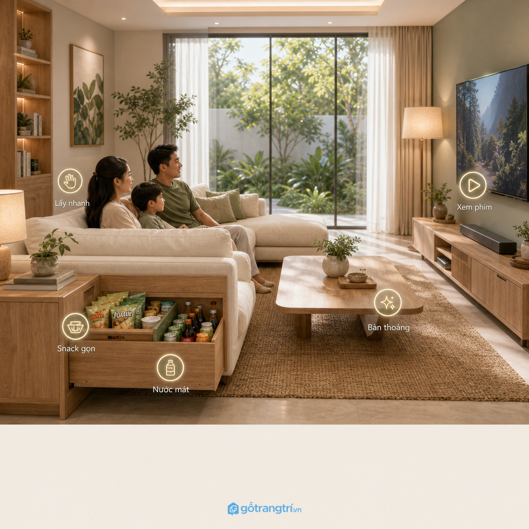 Nhà hay xem phim cần khoang lấy nhanh cạnh sofa