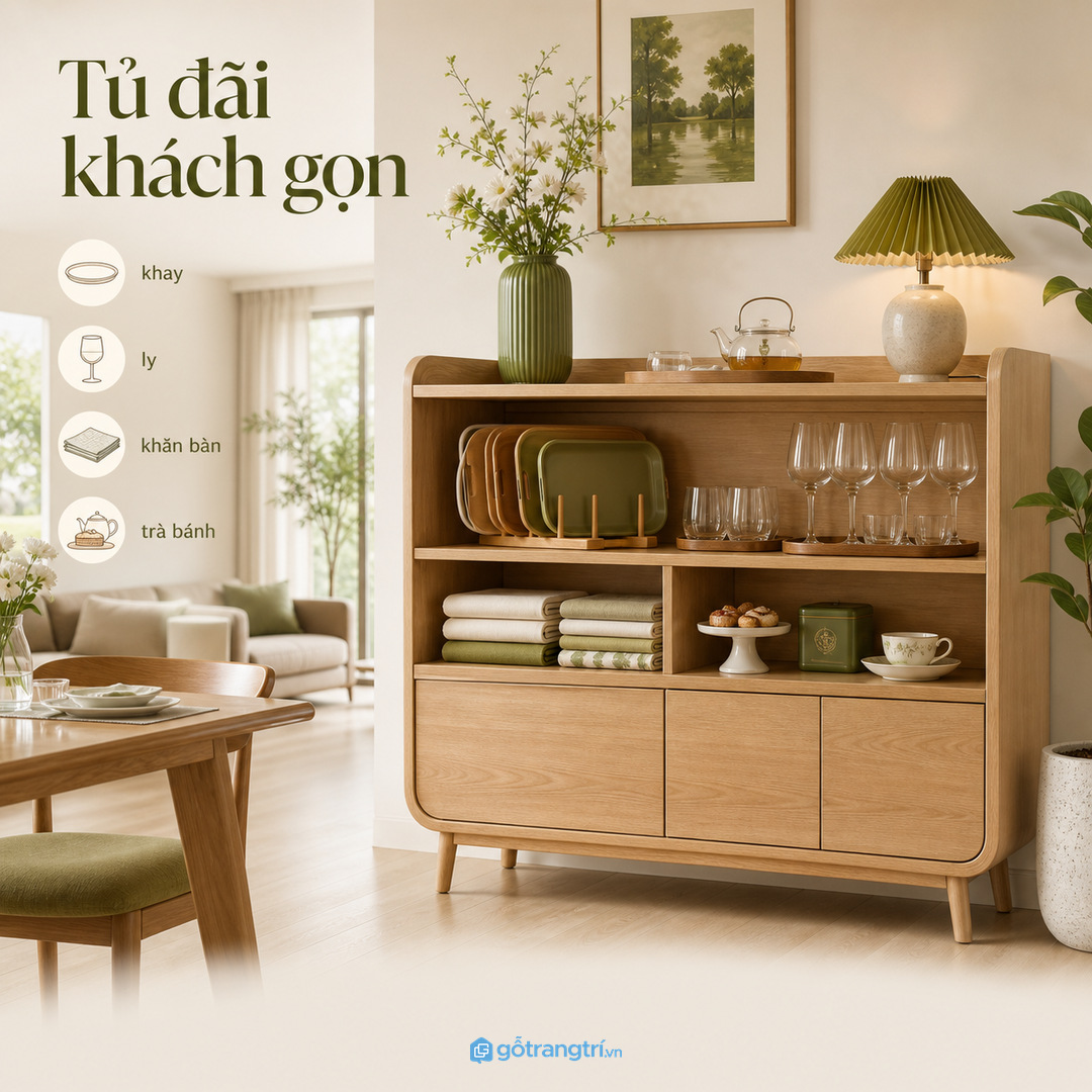Phòng khách liền bếp cần một điểm cất đồ đãi khách kín đáo