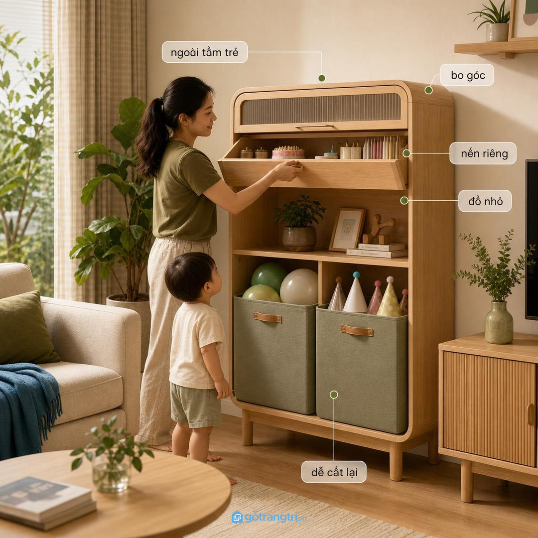 Gia đình có trẻ nhỏ cần cất nến, dao cắt bánh và đồ nhỏ ngoài tầm với