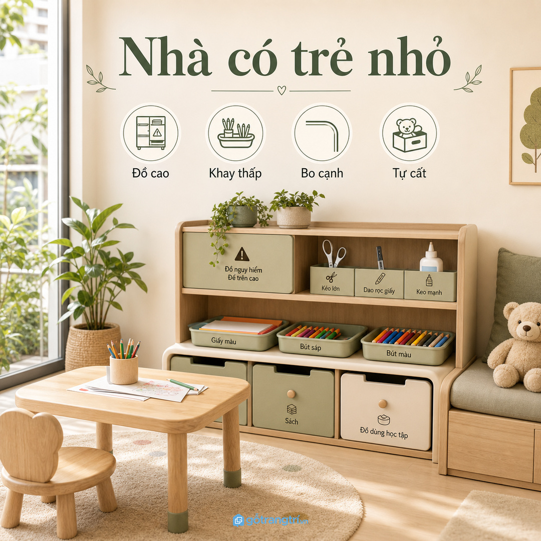 Nhà có trẻ nhỏ nên đặt tủ gần bàn học hoặc góc sinh hoạt chung
