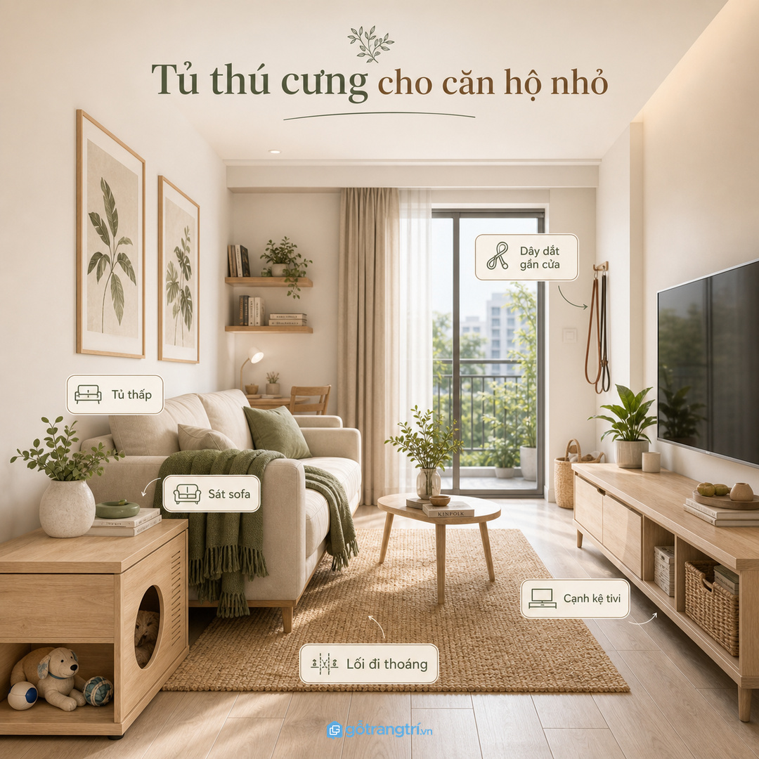 Căn hộ nhỏ nên dùng tủ thấp sát sofa hoặc cạnh kệ tivi
