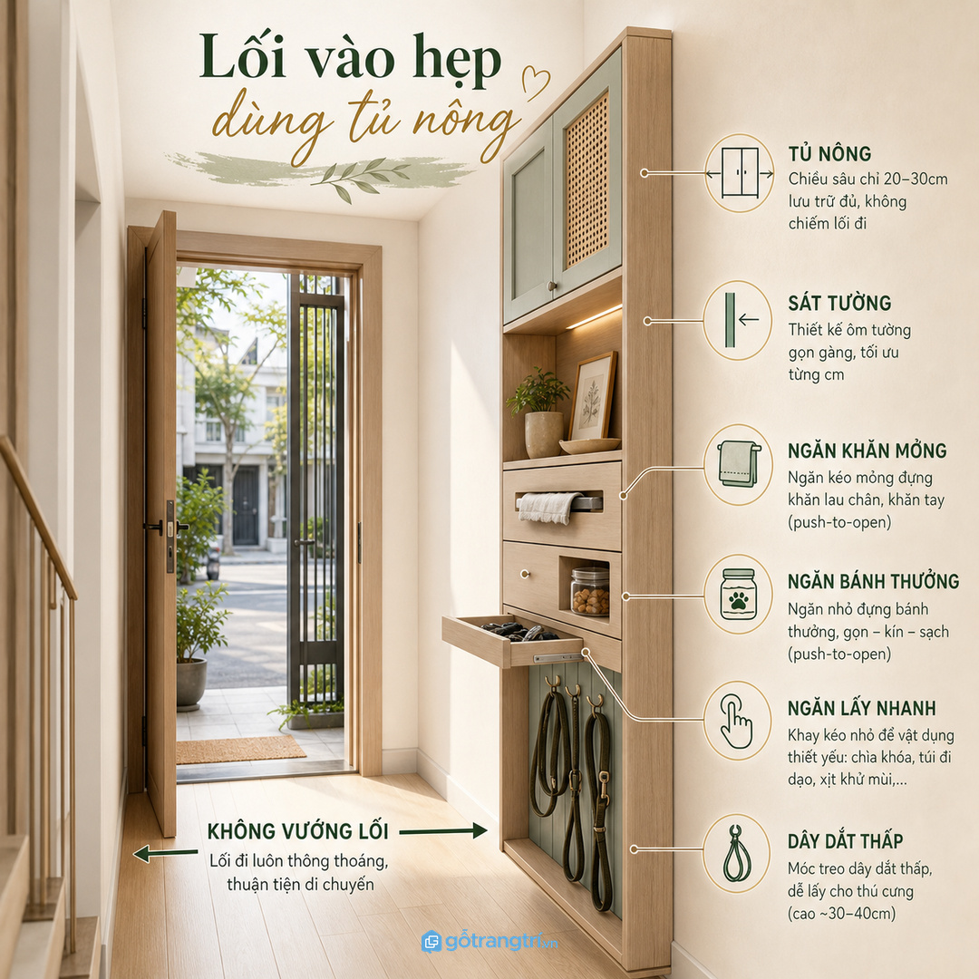 Lối vào hẹp nên dùng tủ nông sát tường, không vướng cửa và luồng đi