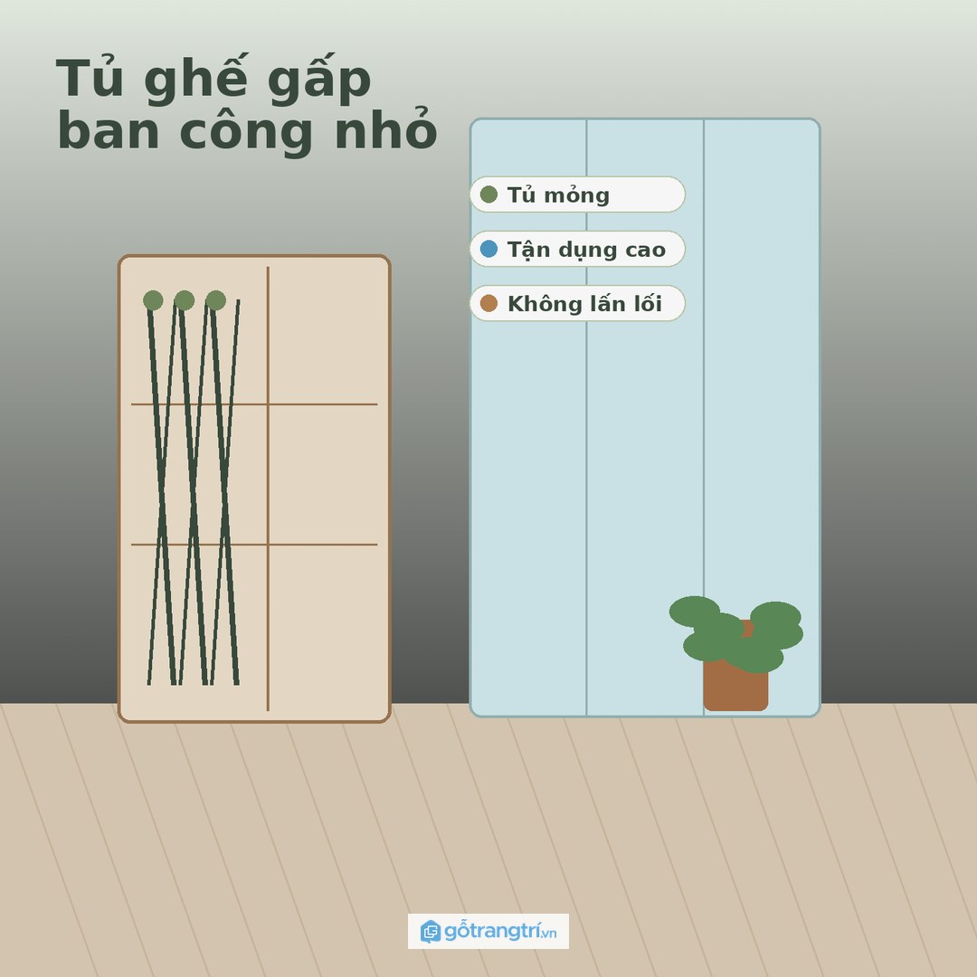 Căn hộ có ban công hẹp cần tủ mỏng và ghế gấp dựng đứng theo chiều cao