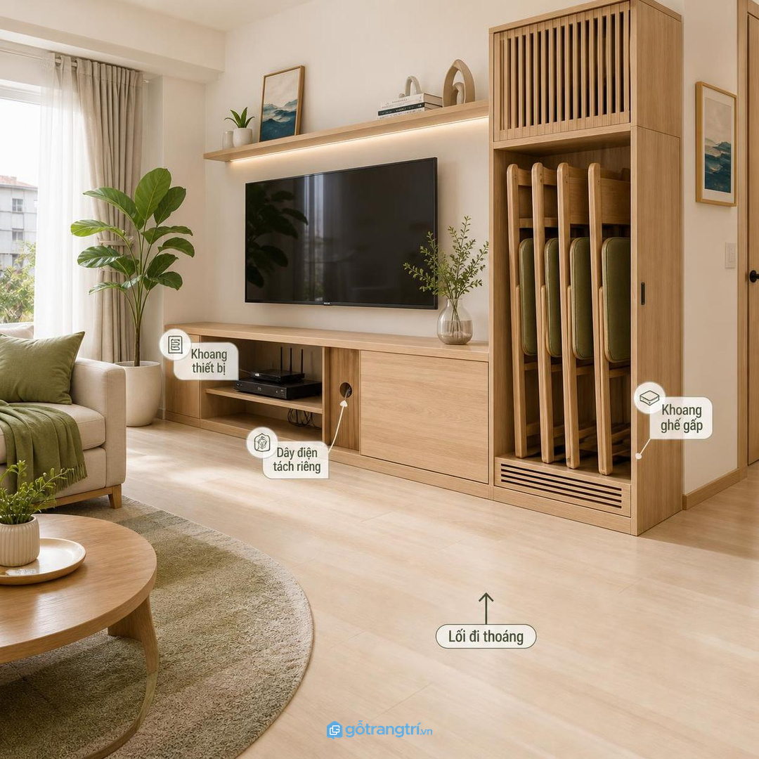 Căn hộ nhỏ hợp tủ thấp cạnh sofa hoặc sát kệ tivi