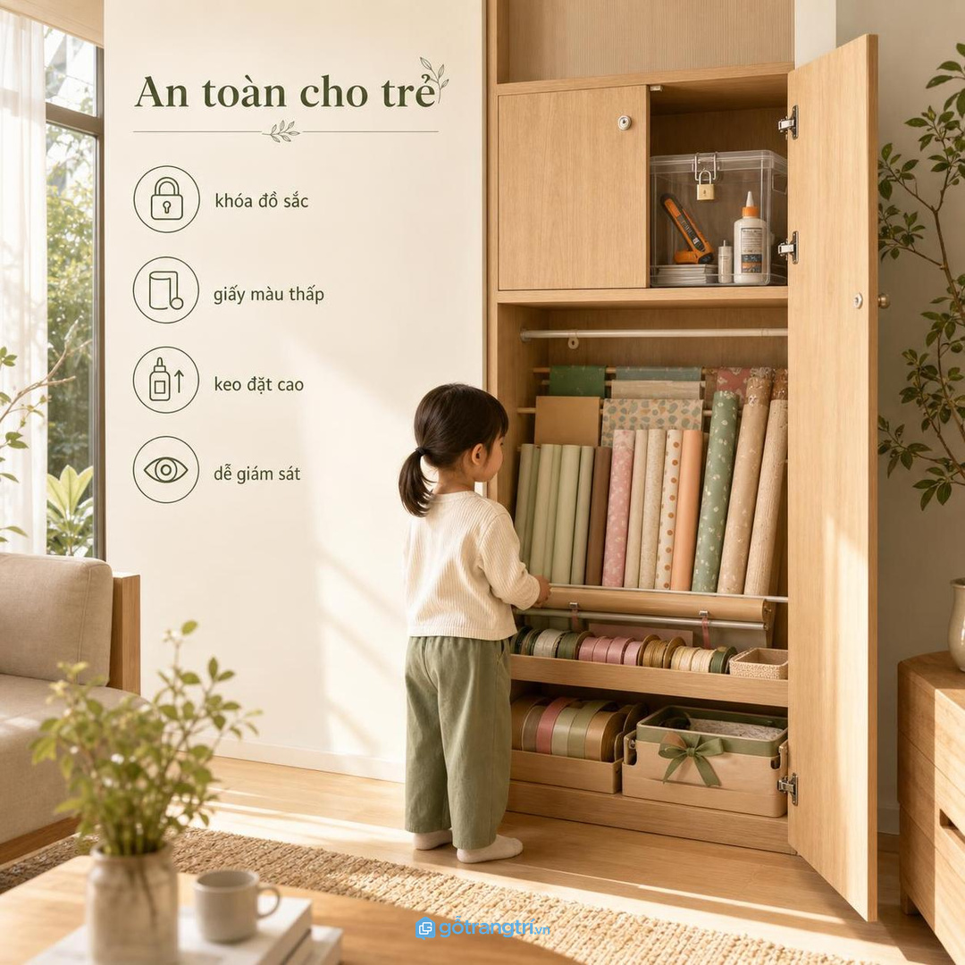 Nhà có trẻ nhỏ nên khóa đồ sắc và đặt hộp nhẹ ở khoang thấp