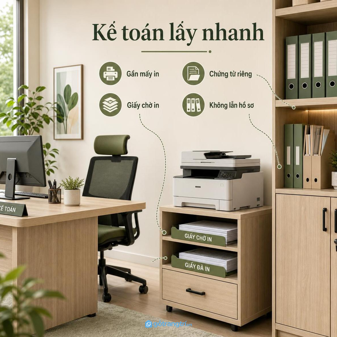 Phòng kế toán cần tủ giấy gần máy in và tủ chứng từ