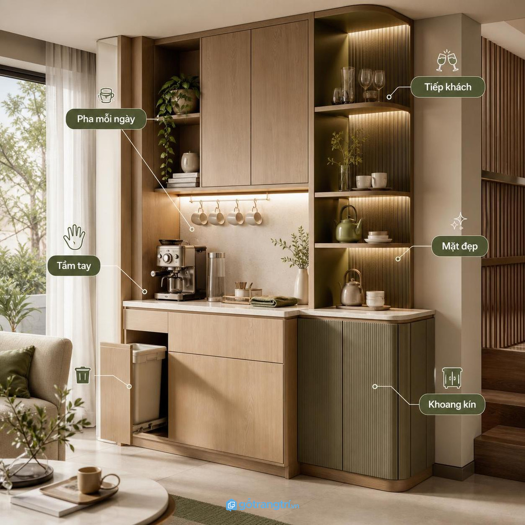 Nhà pha cà phê mỗi sáng cần bố trí khác nhà chỉ tiếp khách