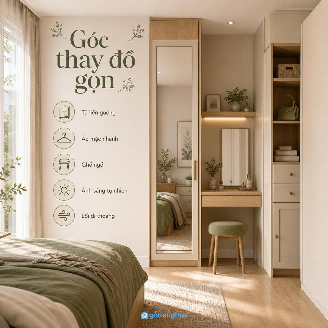 Căn hộ nhỏ nên dùng tủ gương sát tường hoặc nối với tủ áo