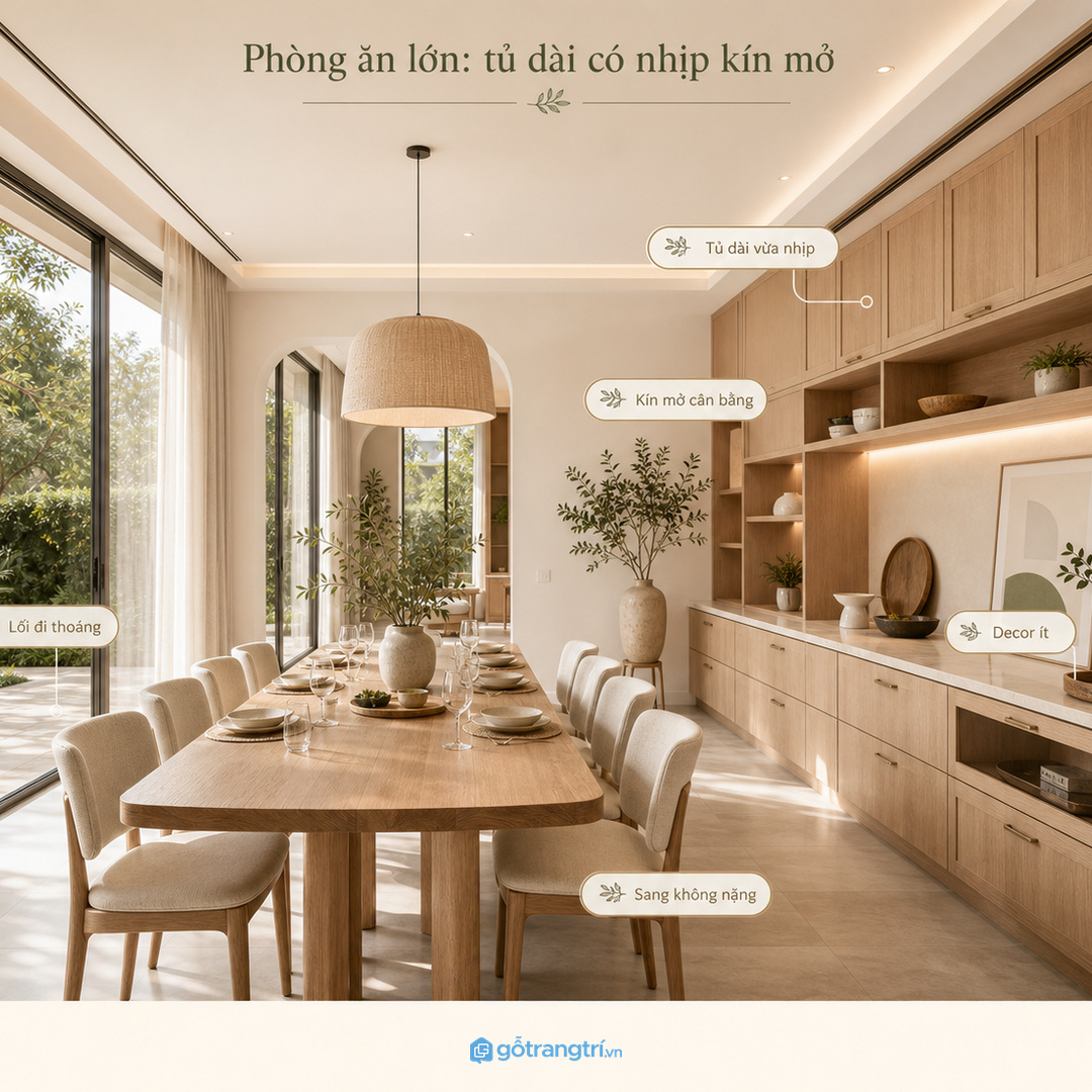 Phòng ăn lớn nên dùng tủ dài có nhịp kín mở rõ ràng