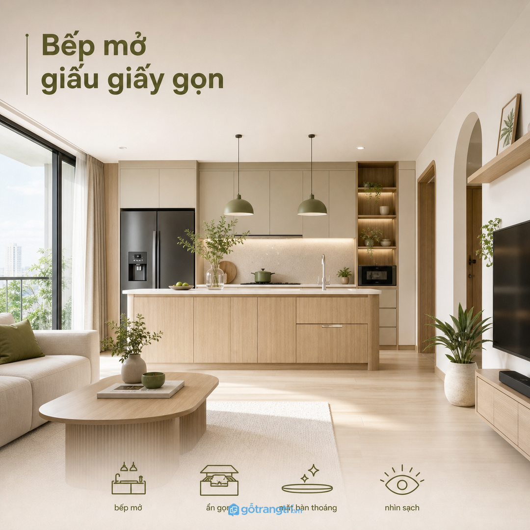 Căn hộ bếp mở cần giấu giấy để phòng khách nhìn sạch hơn