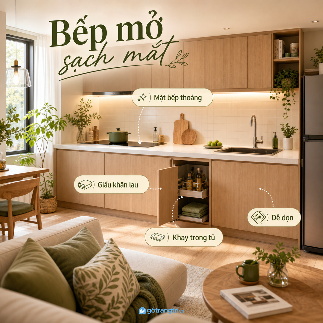 Căn hộ nhỏ cần mặt bếp thoáng khi bếp mở nhìn ra phòng khách