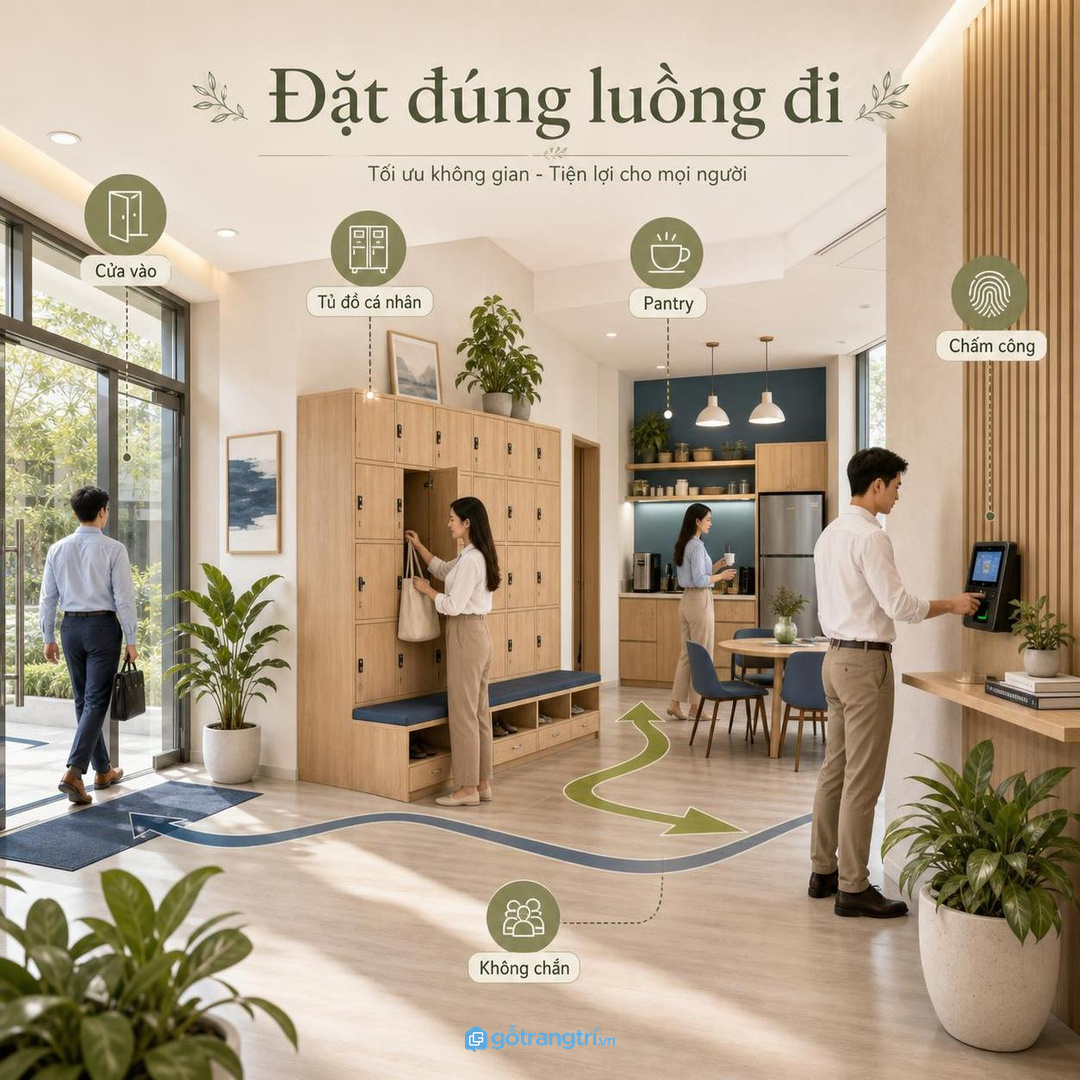 Bố trí tủ gần cửa vào, pantry hoặc khu chấm công nhưng không chắn luồng đi