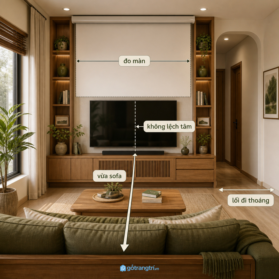 Căn hộ nhỏ hợp màn giấu trên mảng TV và tủ kệ mỏng sát tường