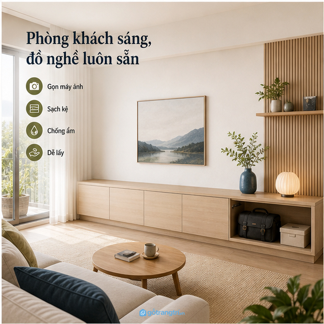 Căn hộ nhỏ hợp khoang máy ảnh tích hợp dưới kệ tivi