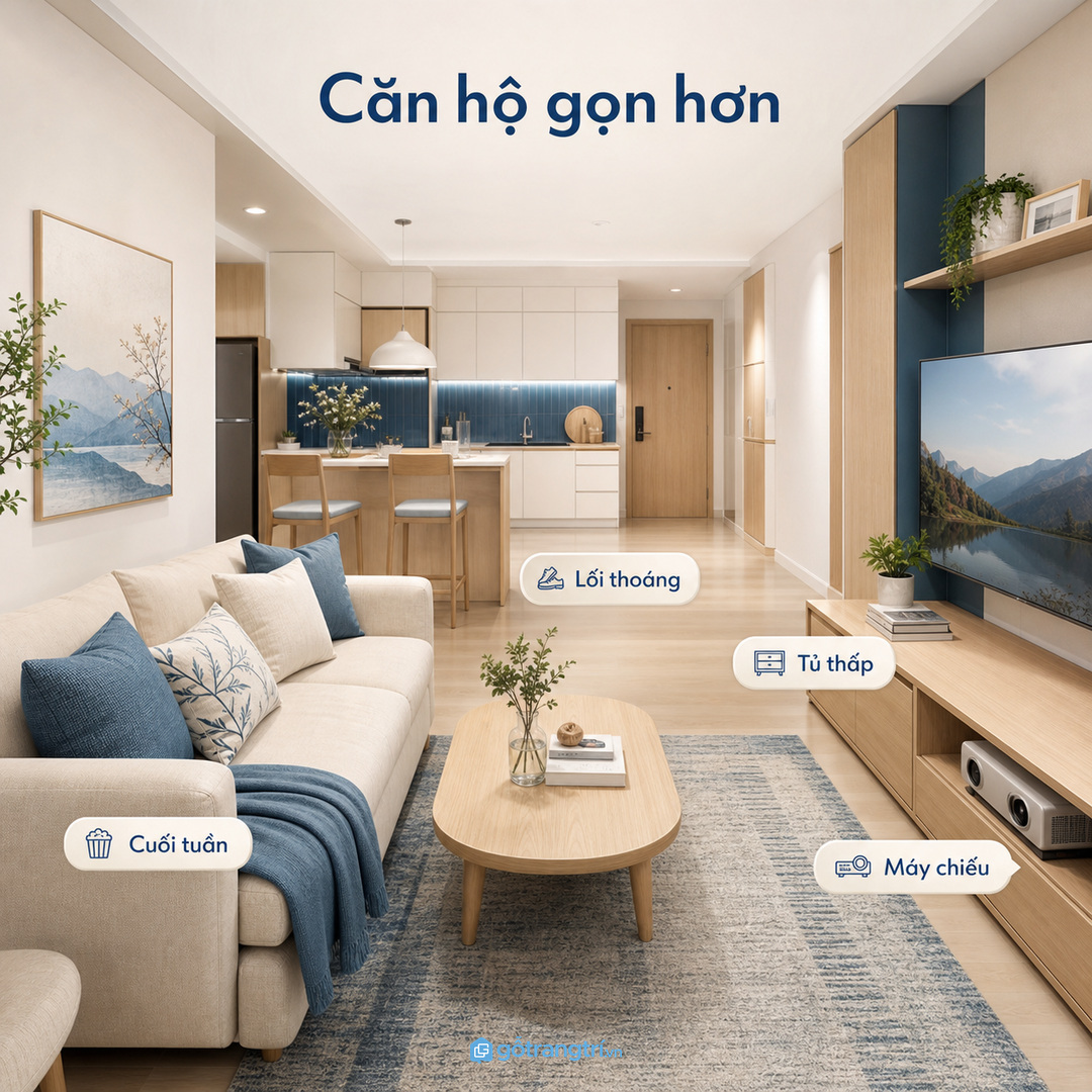 Căn hộ nhỏ dùng module tủ thấp cạnh kệ tivi