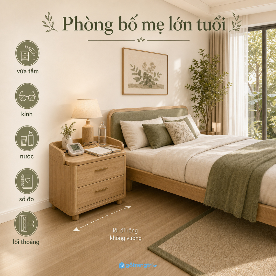 Phòng bố mẹ lớn tuổi cần tủ vừa tầm có lối đi thoáng