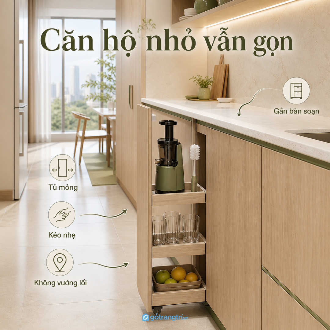 Bếp căn hộ nhỏ hợp tủ phụ mỏng, kéo nhẹ và không vướng lối đi