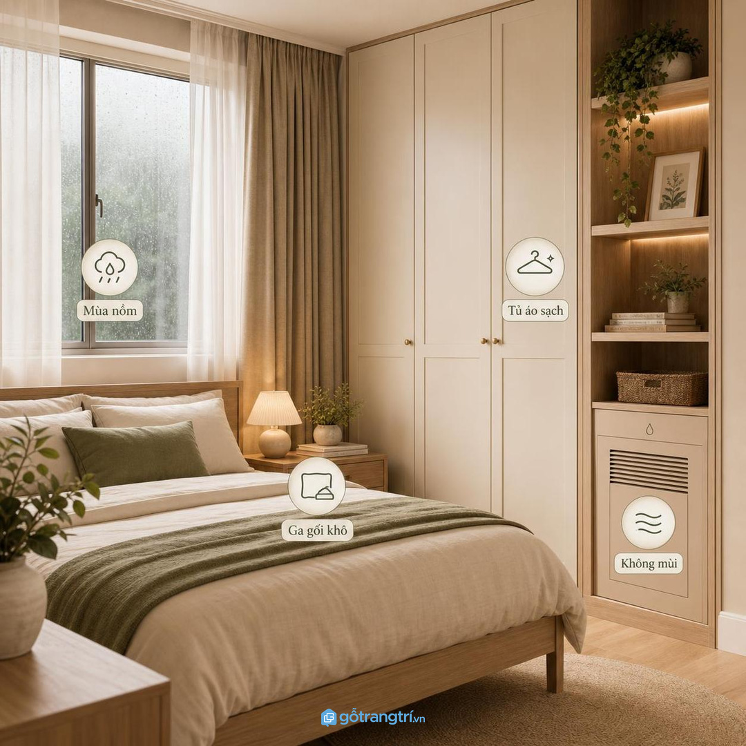 Nhà mùa nồm cần khoang hút ẩm dễ bật, dễ xả nước và không làm phòng thêm rối