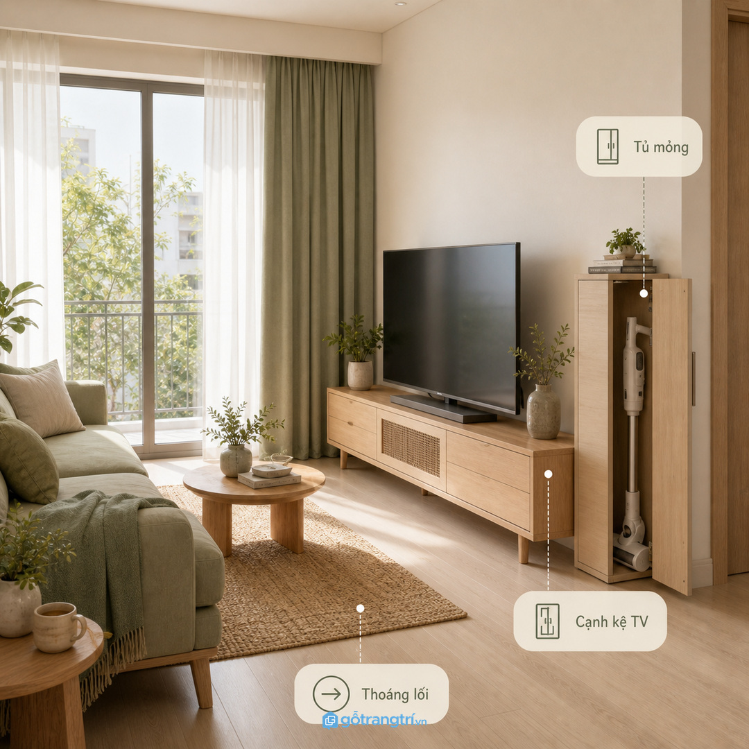 Căn hộ nhỏ hợp tủ mỏng cạnh kệ tivi để giữ lối đi thoáng