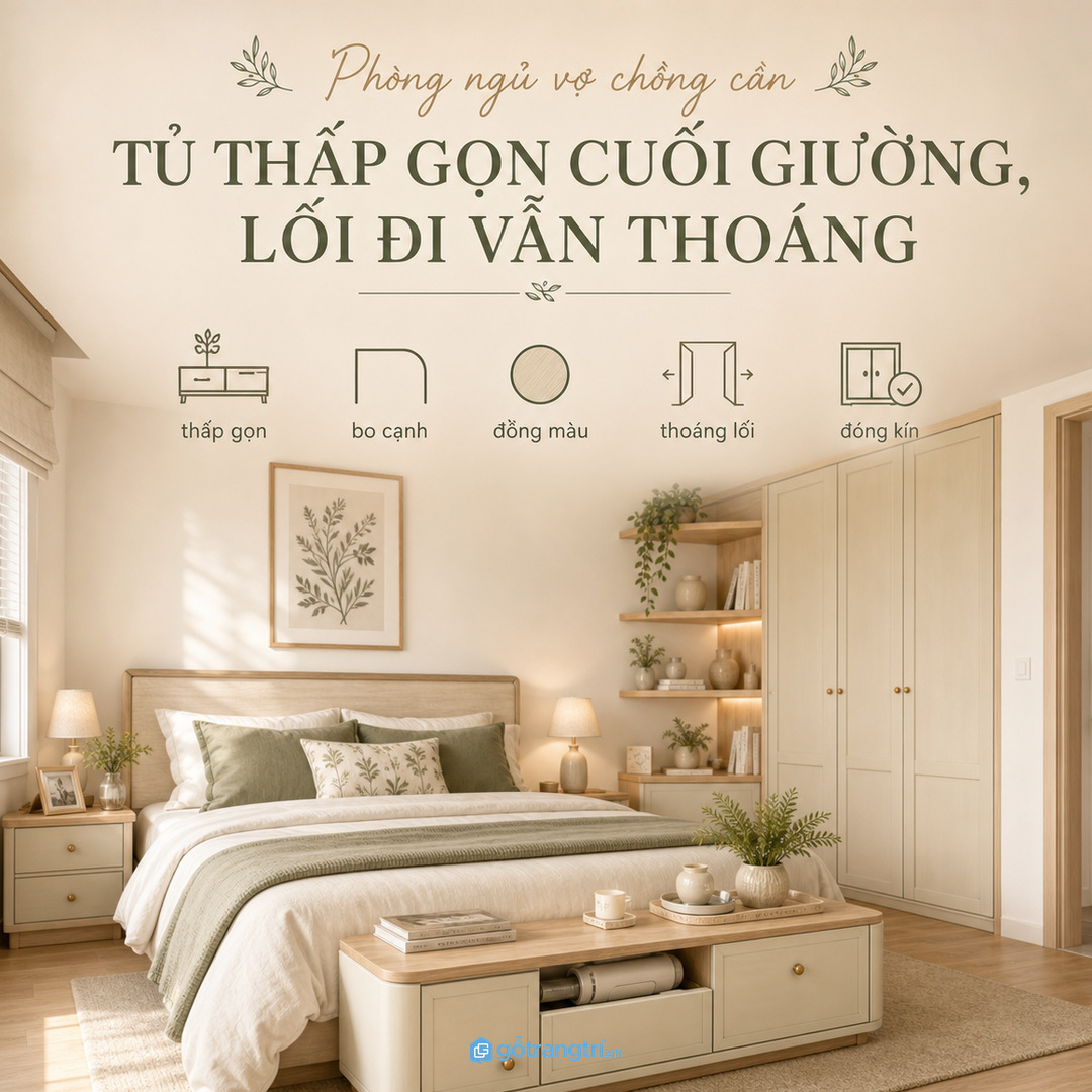Phòng vợ chồng cần tủ thấp êm mắt không chắn lối đi