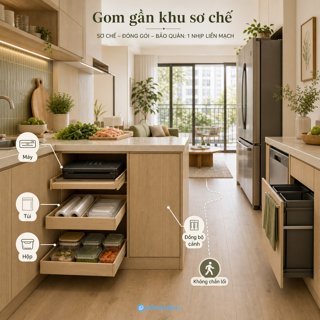 Bếp căn hộ nên gom máy hút chân không gần khu sơ chế