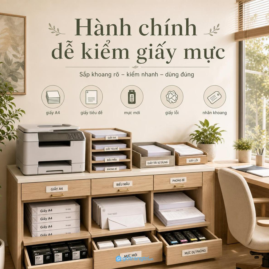 Phòng hành chính cần tủ có ngăn giấy A4 và đồ thay mực rõ ràng