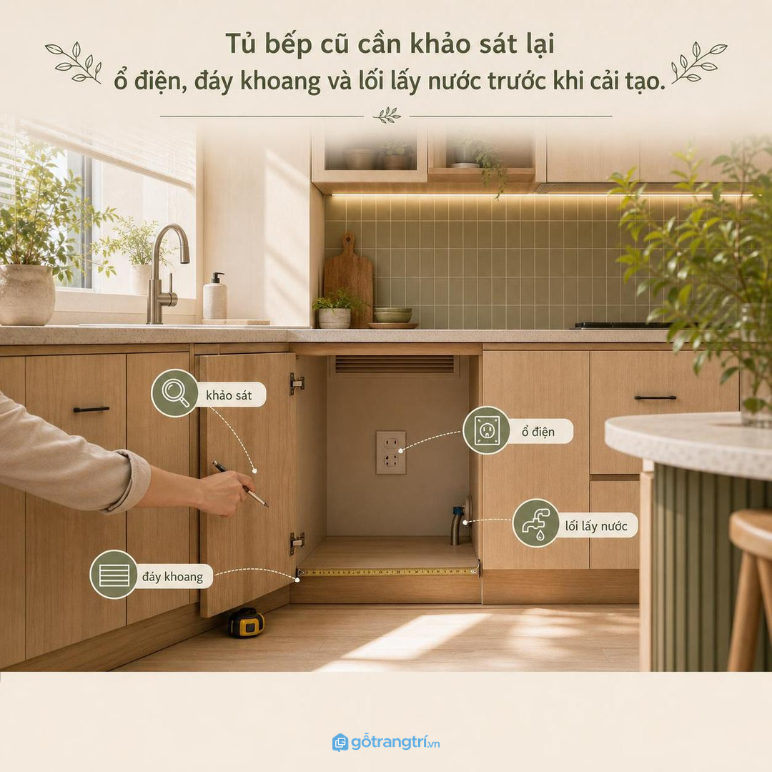 Tủ bếp cũ cần khảo sát ổ điện, đáy khoang và lối lấy nước