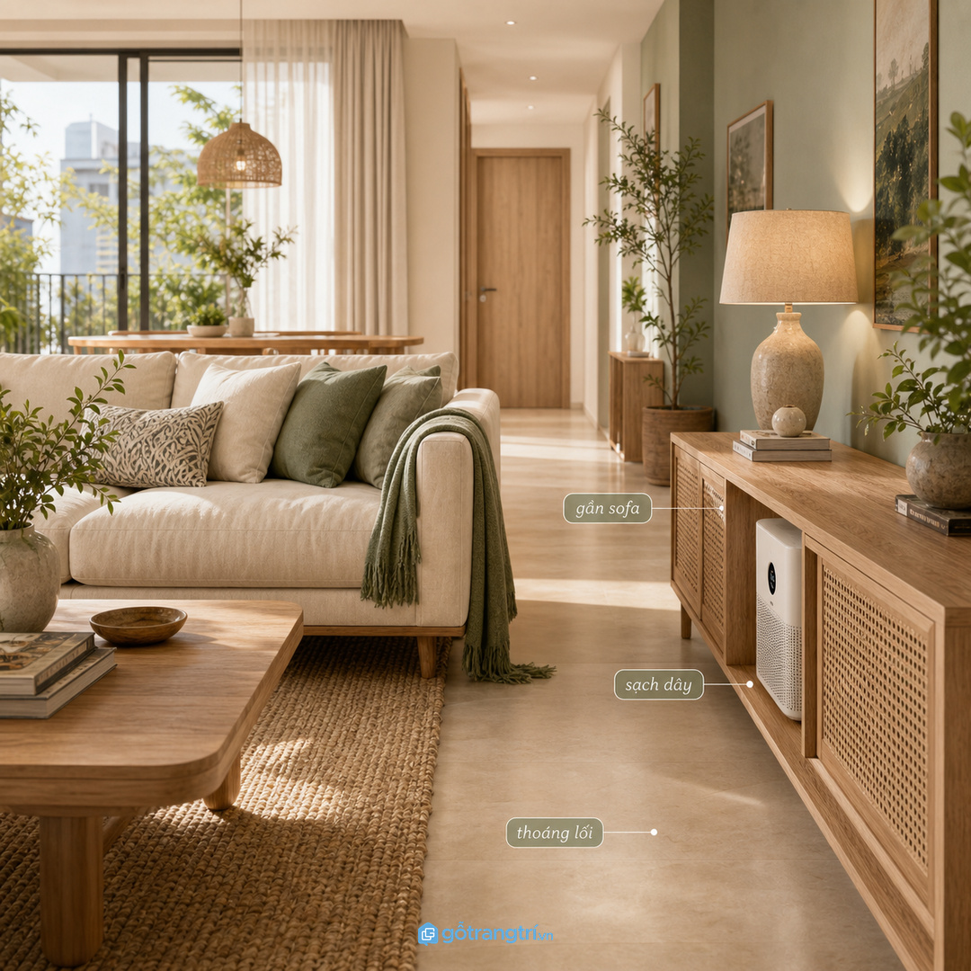 Phòng khách nhỏ hợp tủ thấp gần sofa để máy luôn dễ bật