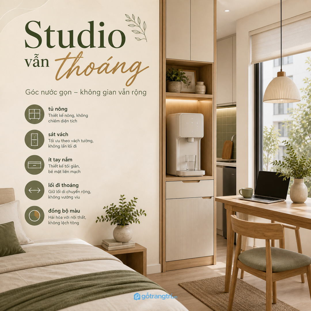 Căn hộ studio hợp tủ nông sát vách đồng bộ màu và không chắn lối đi
