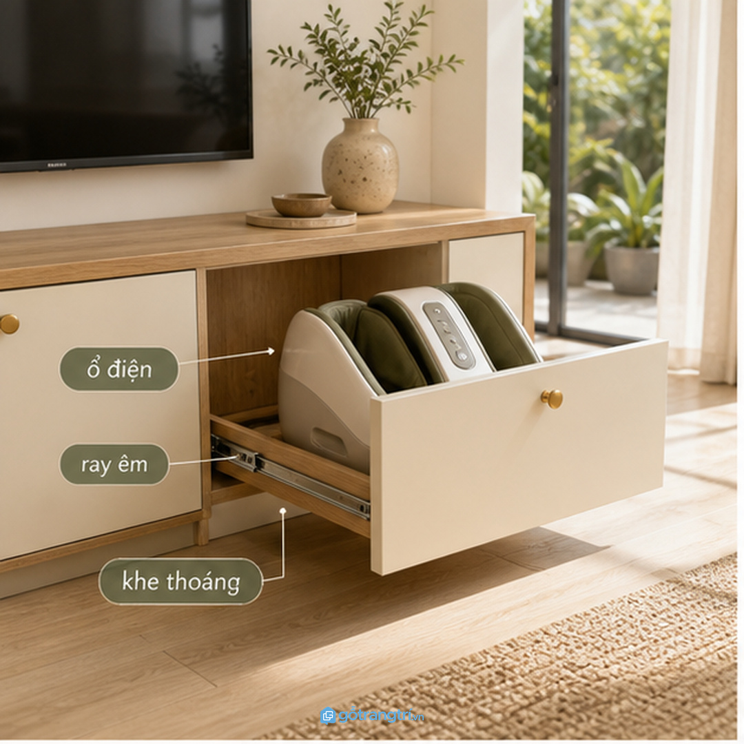 Phòng khách nhỏ nên đặt tủ máy massage chân gần sofa nhưng tránh chắn lối đi