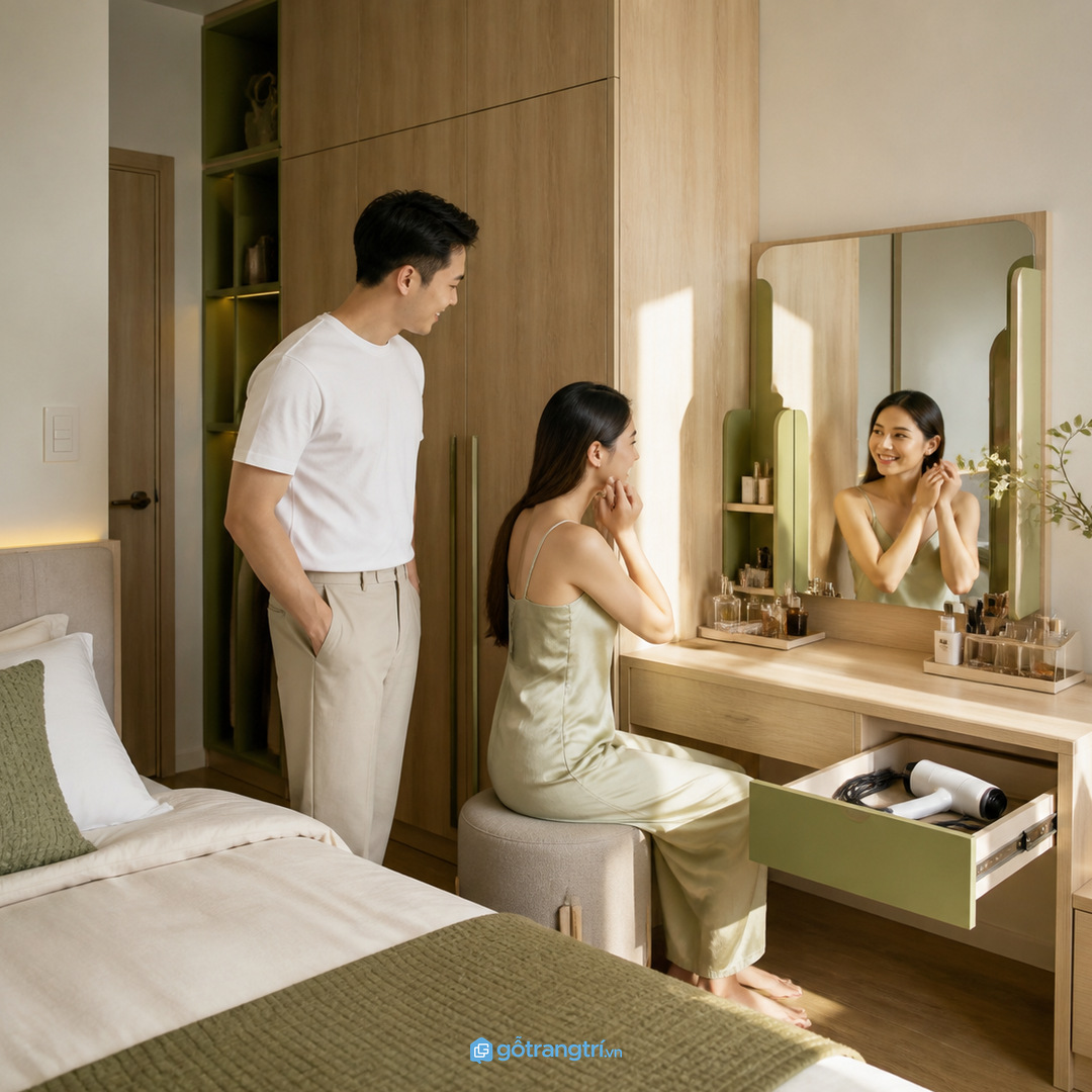 Phòng ngủ vợ chồng cần chia khoang máy sấy và phụ kiện theo thói quen dùng