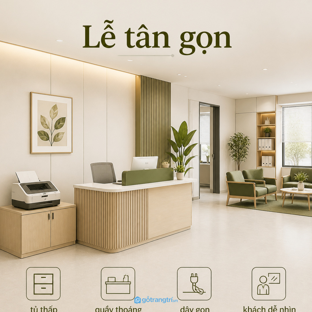 Tủ máy in gần lễ tân cần gọn dây và giữ mặt quầy sạch